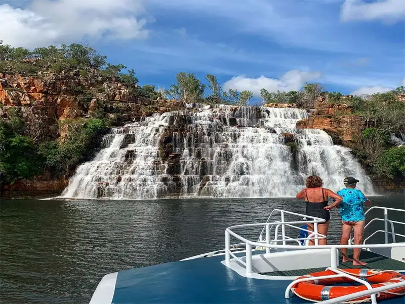 LADY-M-Kimberley-cruises-people-on-bow-Kings-Cascades LADY-M-Kimberley-cruises-people-on-bow-Kings-Cascades
